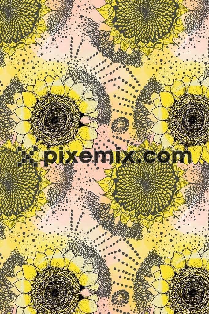 Sunflower and dotted product graphics with seamless repeat pattern