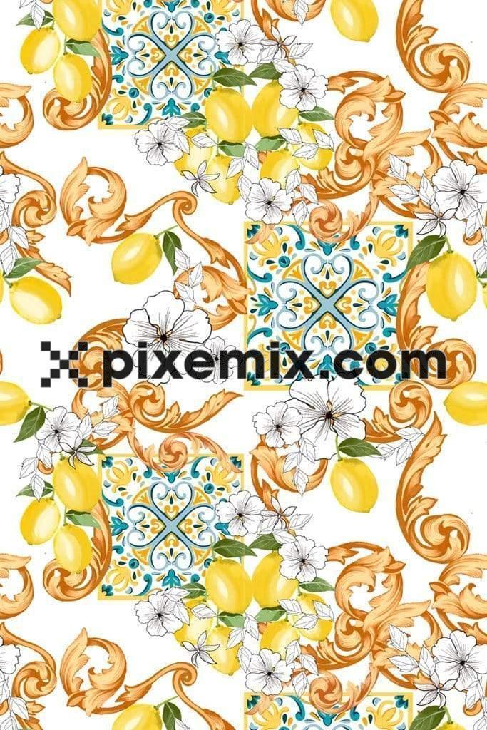 Florals and lemon product graphics with seamless repeat pattern