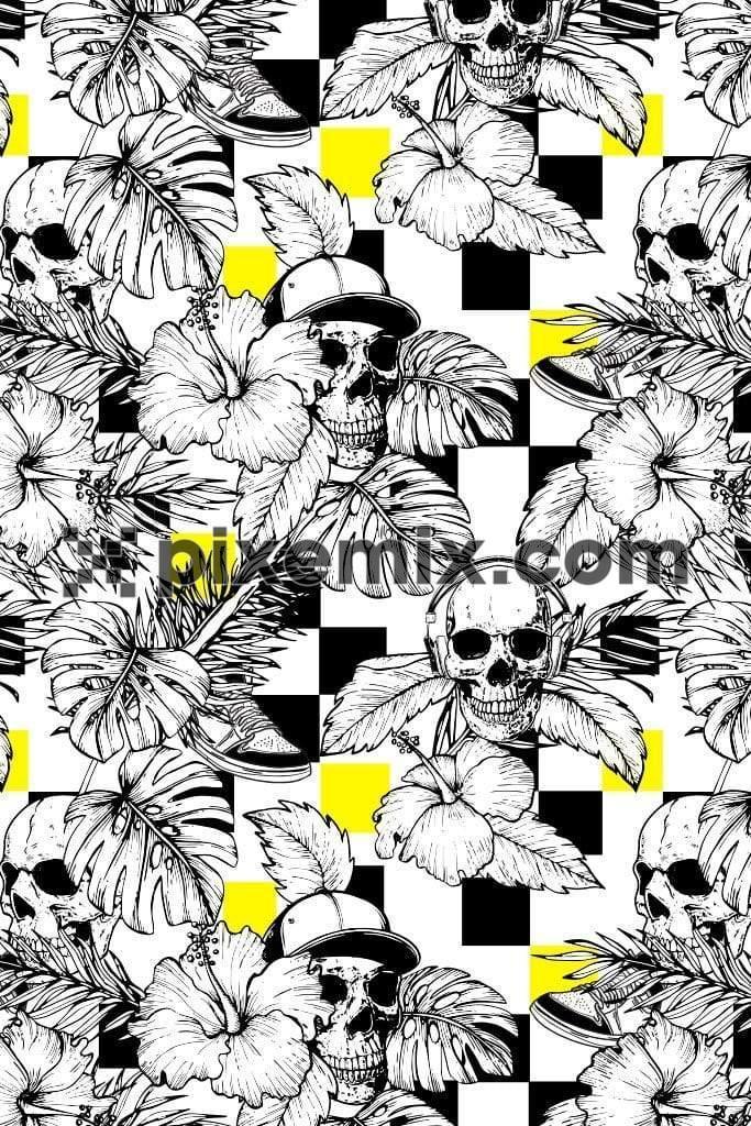 Skull head monstera leaf product graphics with seamless repeat pattern