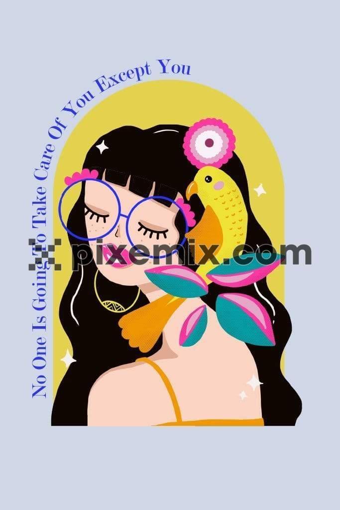 Cartoon girls face with parrot product graphics