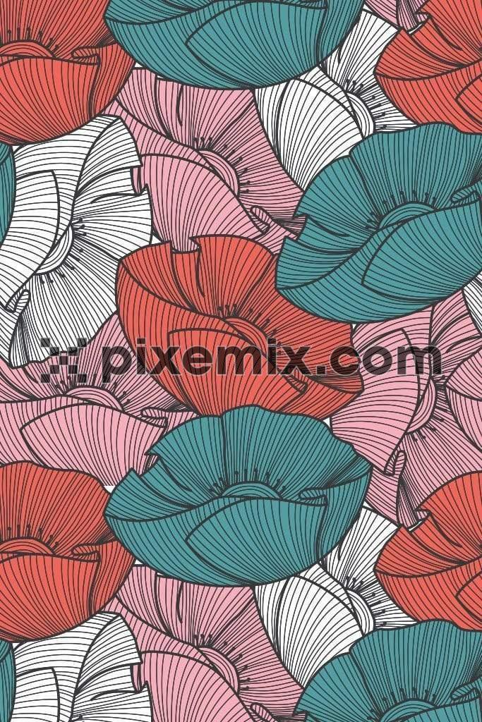 Poppy flowers and line art product graphics with seamless repeat pattern