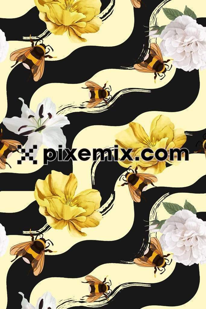 Florals and bee product graphic with seamless repeat pattern