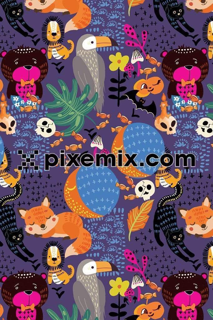 Cartoon icon animal and leaf product graphic with seamless repeat pattern
