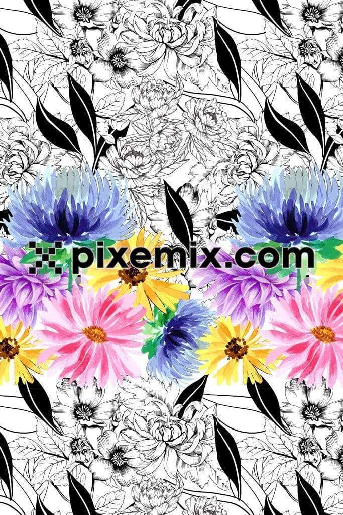 Colorful florals product graphic with seamless repeat pattern