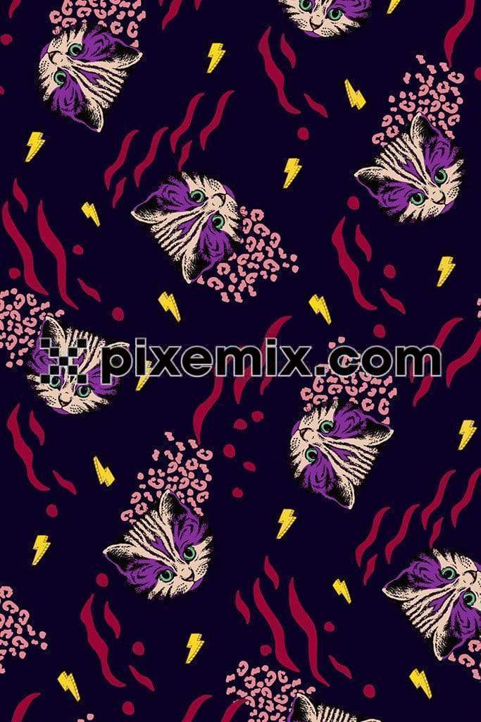 Cute cat face and animal print product graphic with seamless repeat pattern