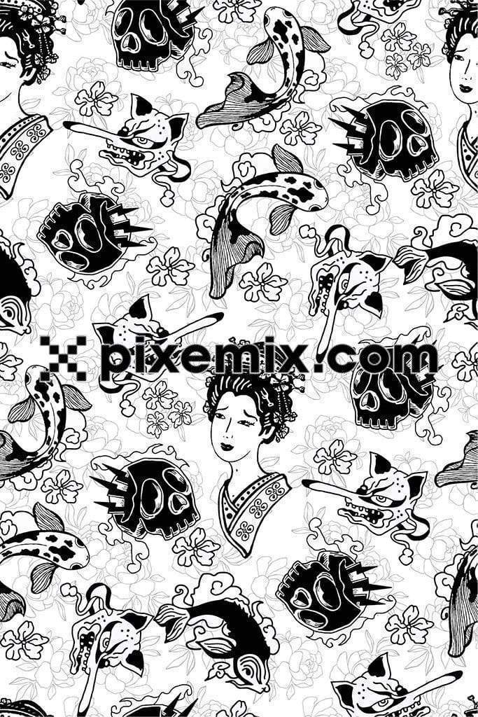 Surreal art inspried japanes women face and koi fish product graphic with seamless repeat pattern