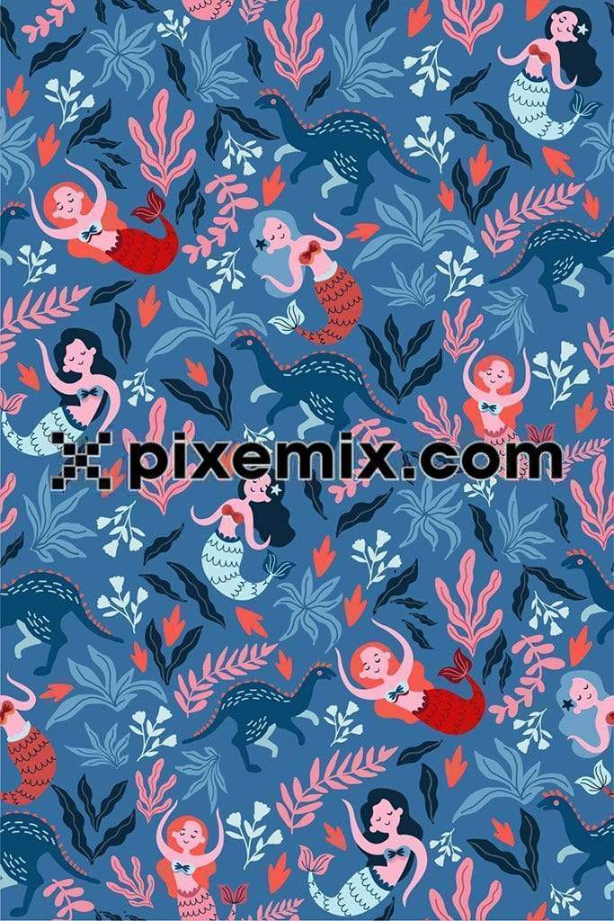 Mermaid and leaf product graphic with seamless repeat pattern