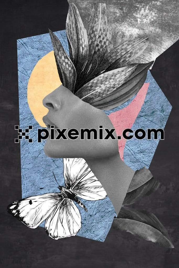 Surreal inspired woman portrait with leaf and insets product graphics