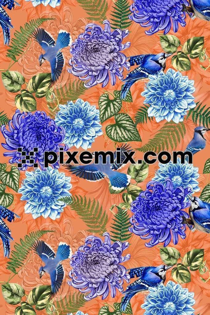 Florals around birds product graphics with seamless repeat pattern