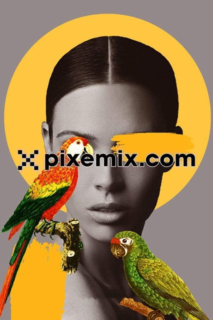 Monochrome girl face and parrot product graphics