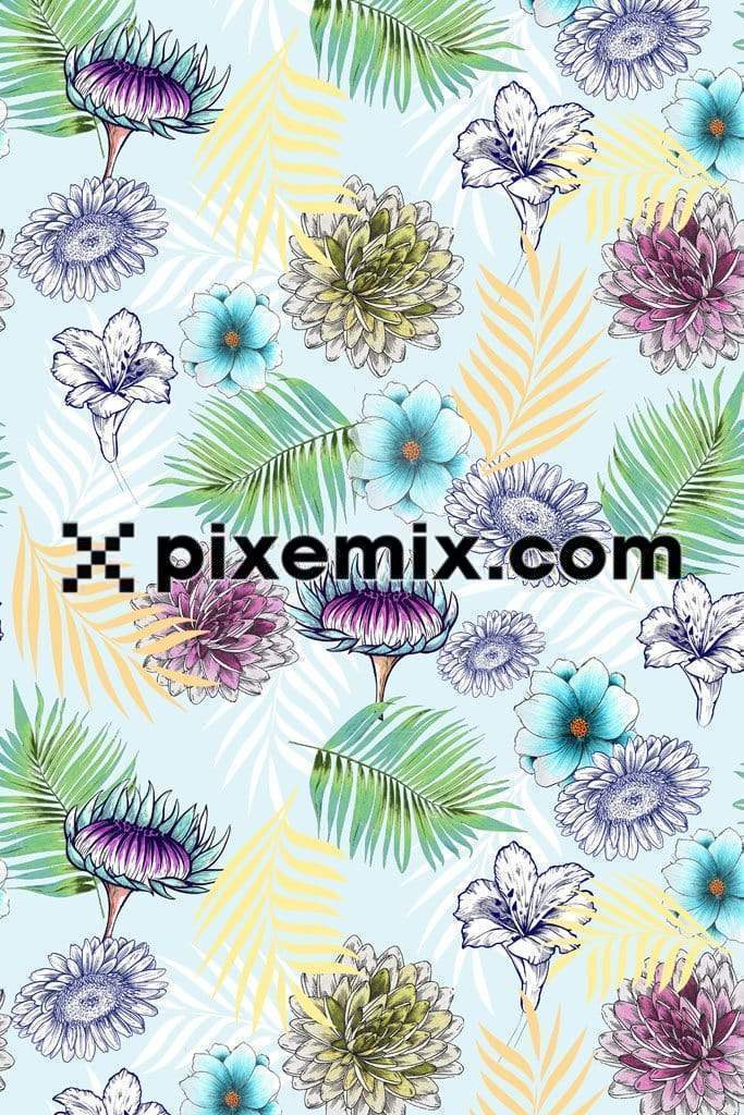 Florals around leaf product graphics with seamless repeat pattern