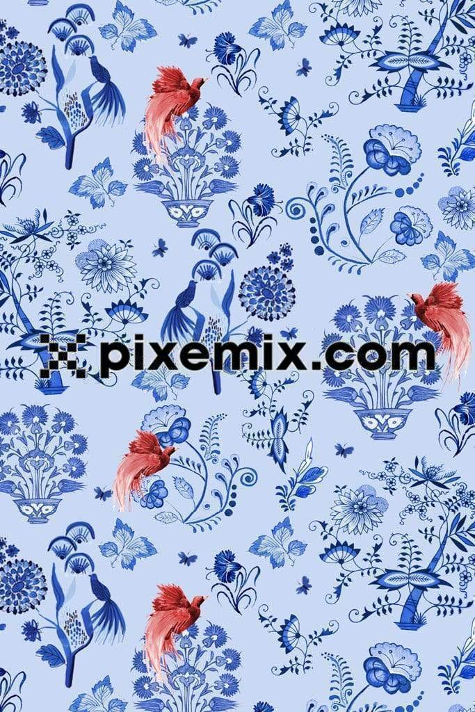 Florals around birds product graphics with seamless repeat pattern