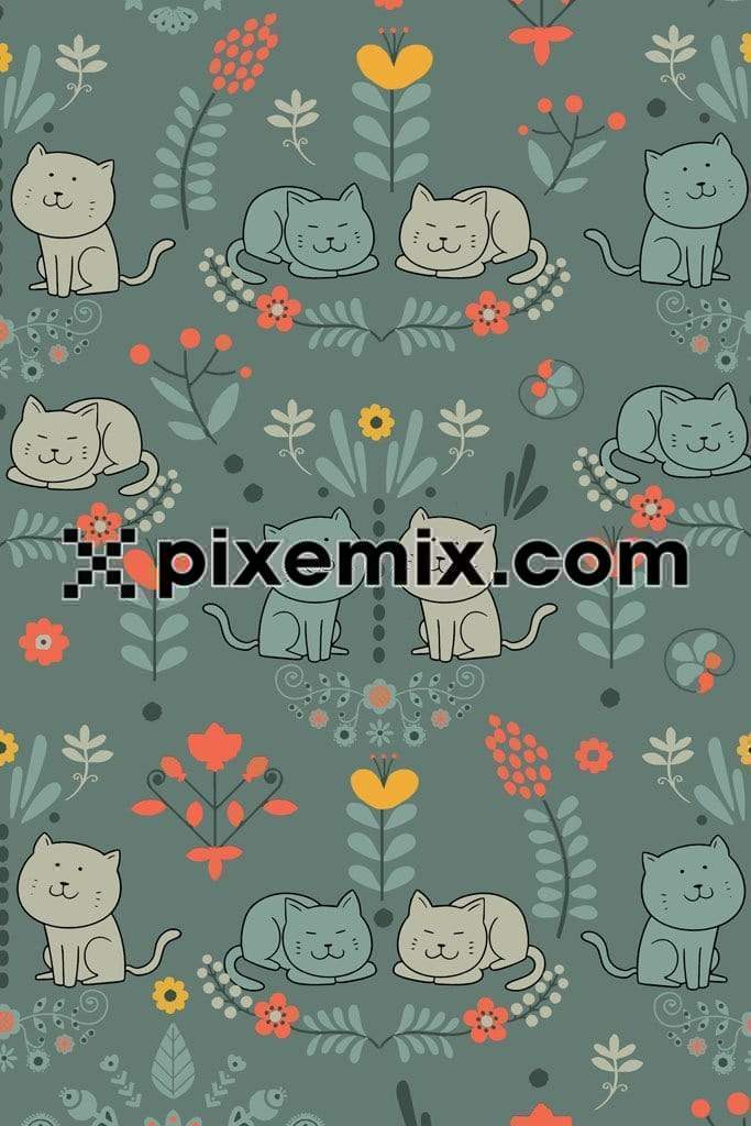 Cat and floral product graphics with seamless repeat pattern