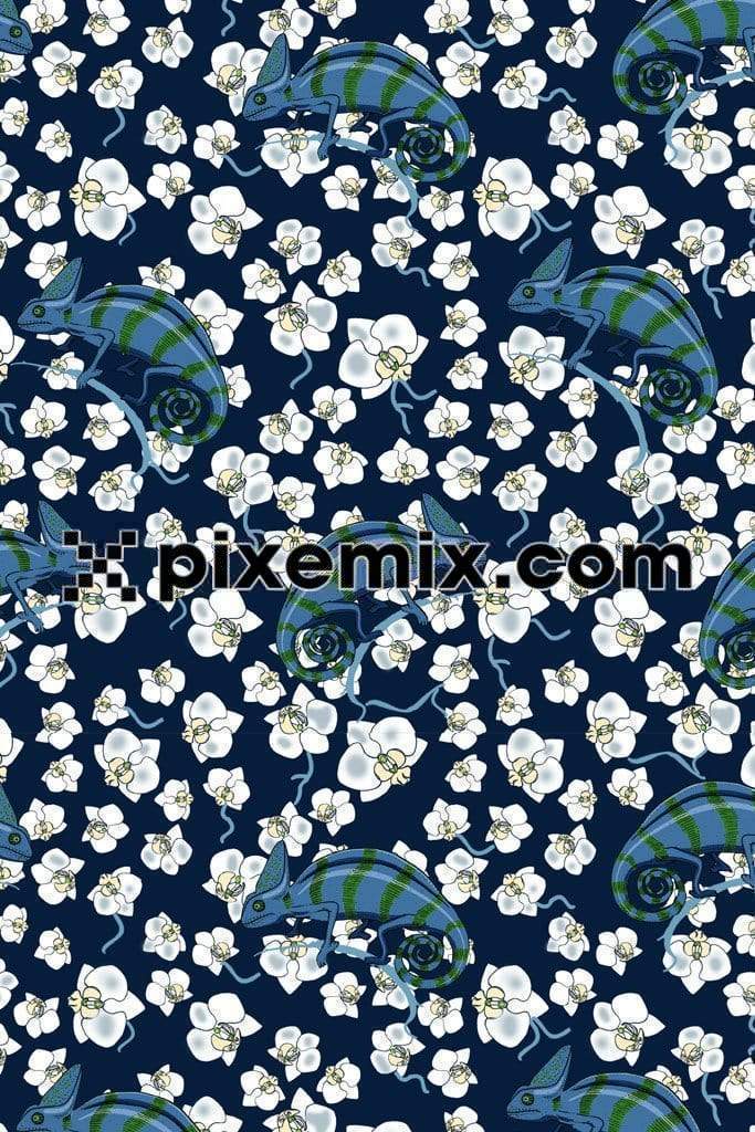 Chameleon around florals product graphics with seamless repeat pattern