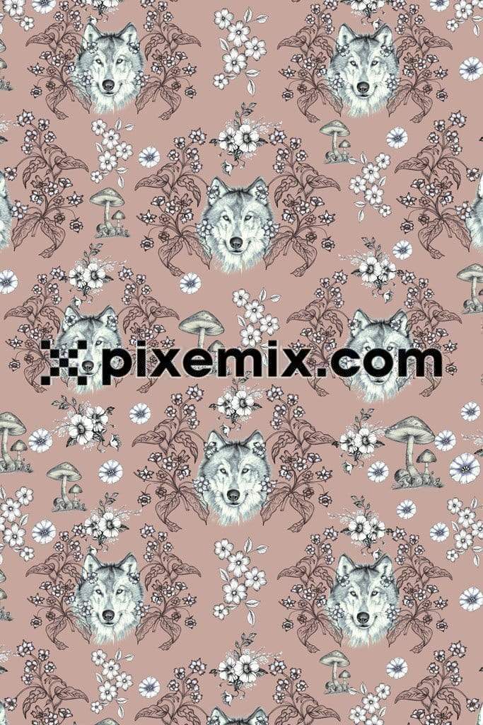 Wolf around florals product graphics with seamless repeat pattern
