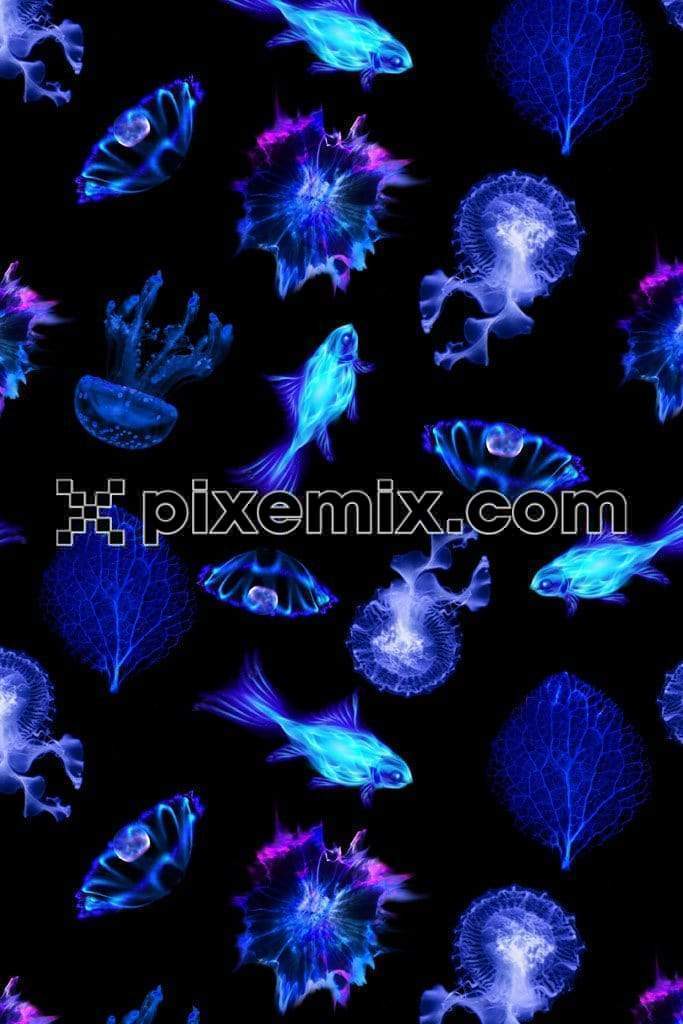Neon glow under water animal product graphics with seamless repeat pattern