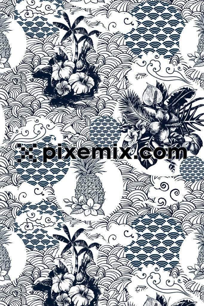 Black and white tropical leaf and florals product graphics with seamless repeat pattern