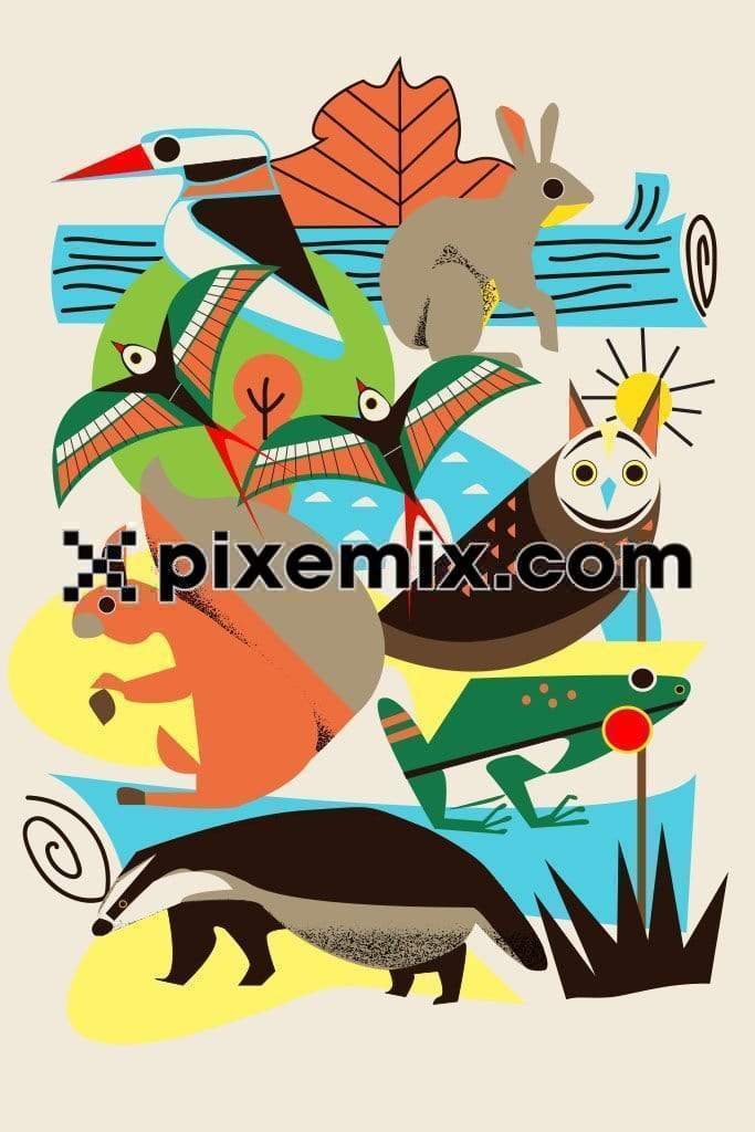 Doodle art inspride cute animal vector product graphics