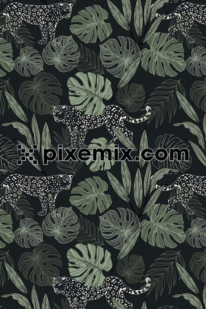 Monstera leaf and dotted tiger product graphics with seamless repeat pattern