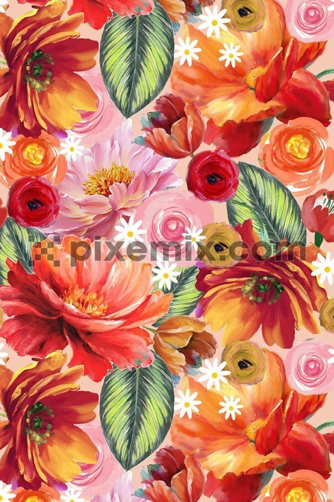 Watercolor florals and leaf product graphics with seamless repeat pattern