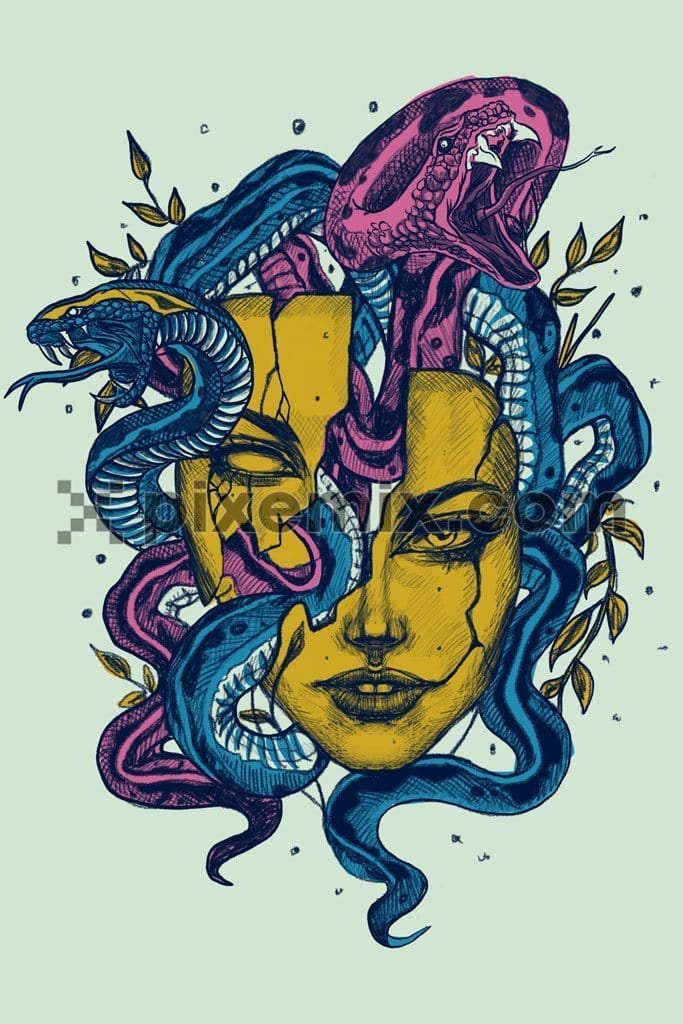 Illustration inspired medusa and her snakes product graphics