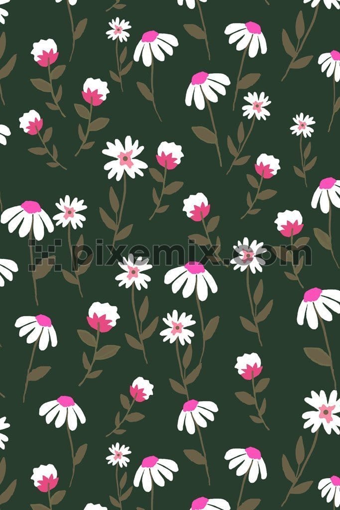 Doodle art florals and leaf product graphics with seamless repeat pattern