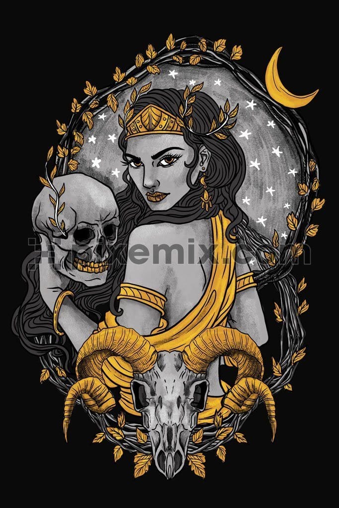 Illustration inspired by goddess of death and afterlife product graphics