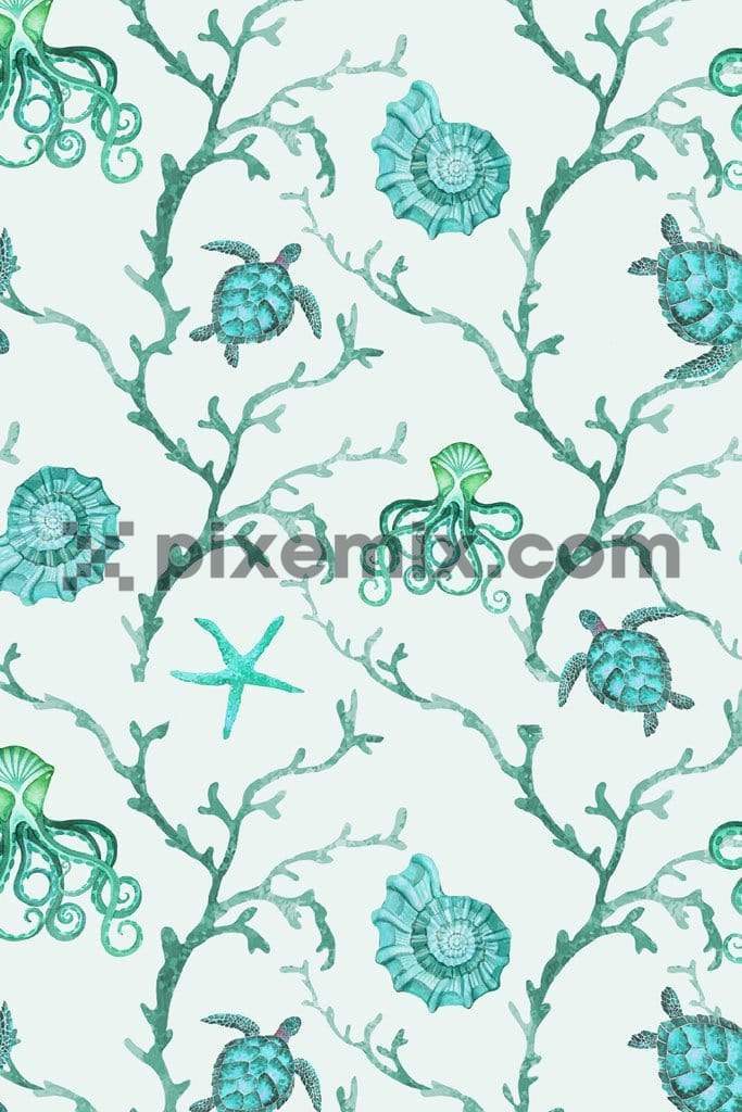 Turtle and octopus product graphics with seamless repeat pattern