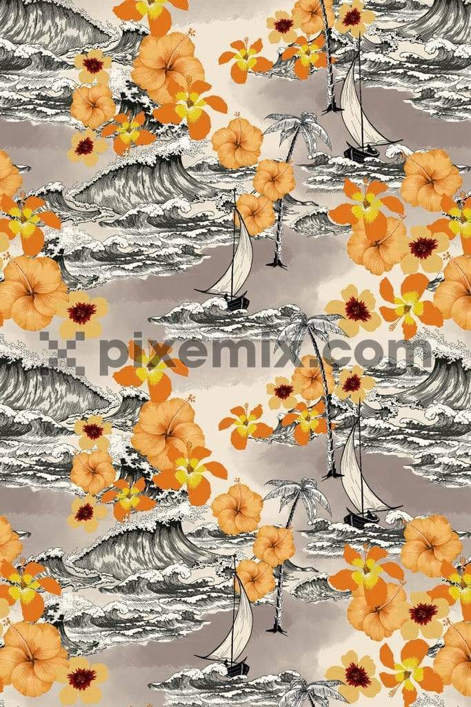 Hawaiian inspried sea wave and florals product graphics with seamless repeat pattern