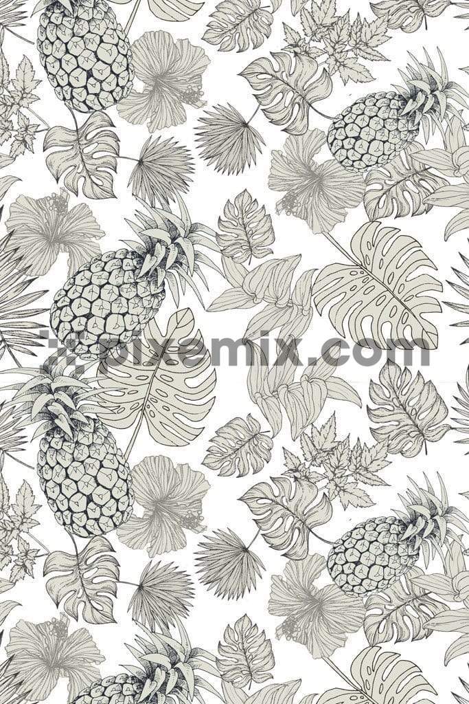 Monochrome art inspried monstera leaf and pineapple product graphics with seamless repeat pattern