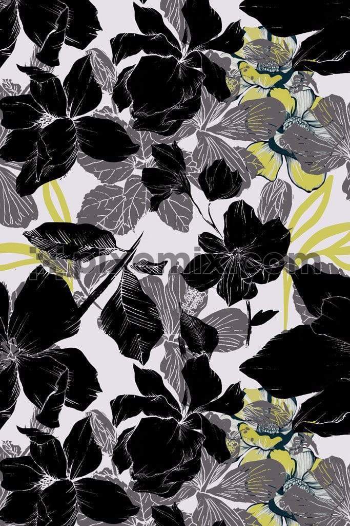 Black and white leaf and florals product graphics with seamless repeat pattern
