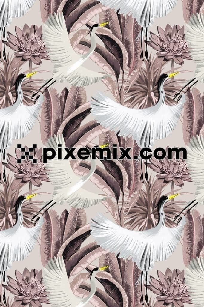Tropical leaf and crowned crane product graphics with seamless repeat pattern
