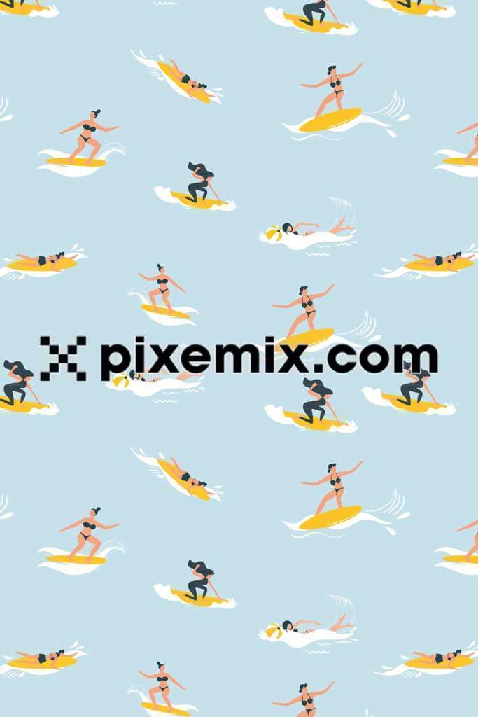 Doodle girls surfing on sea product graphics with seamless repeat pattern