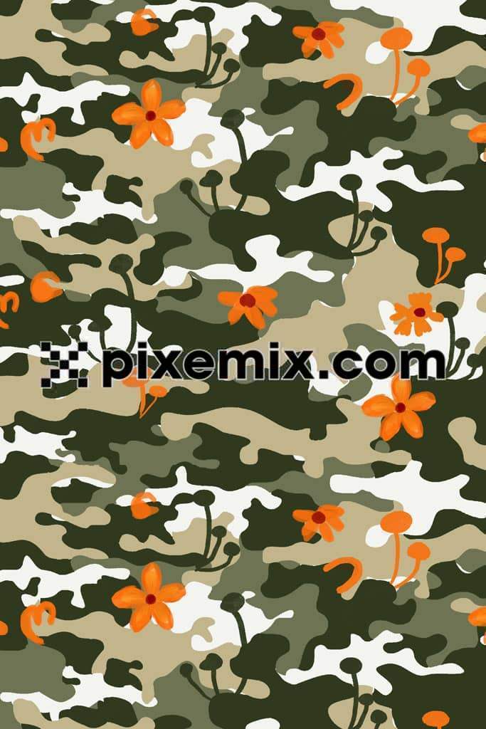 Abstract camo and doodle florals product graphics with seamless repeat pattern
