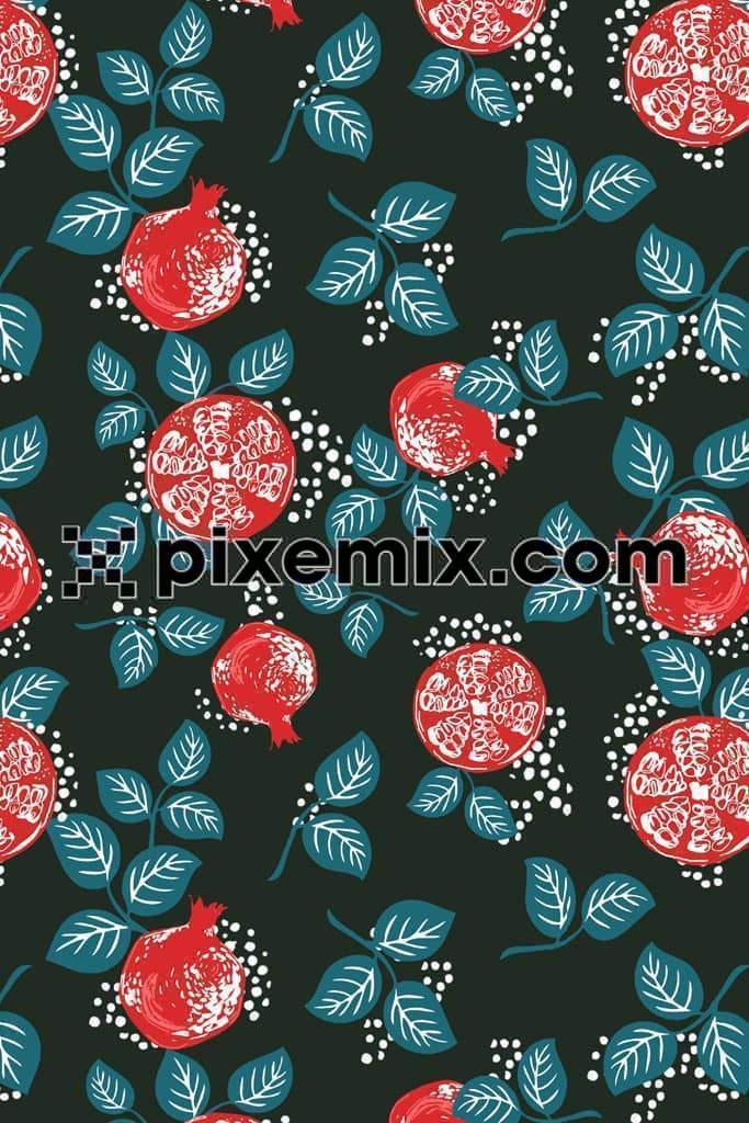 Doodle art inspired leafs and fruits product graphics with seamless repeat pattern
