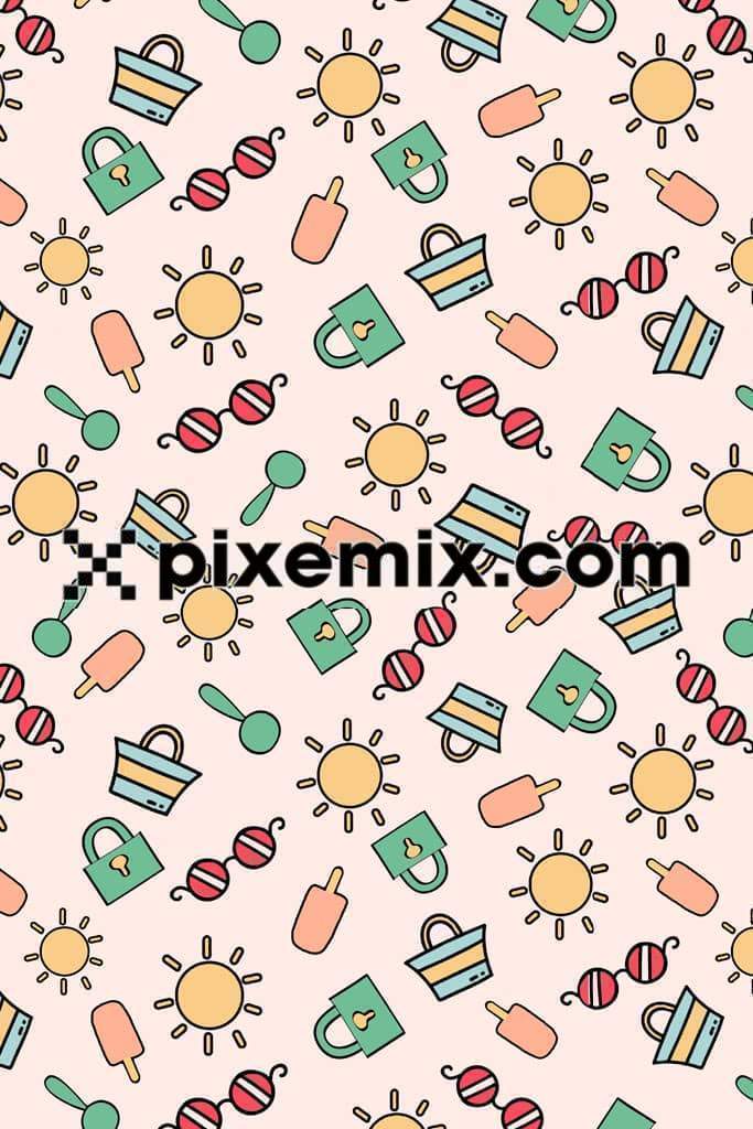 Summervibes inspired doodle icon product graphics with seamless repeat pattern