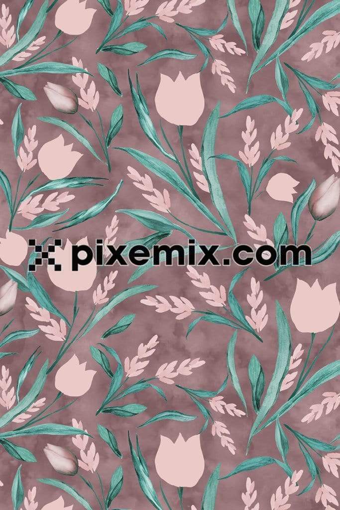 Doodle art leaf and florals product graphics with seamless repeat pattern