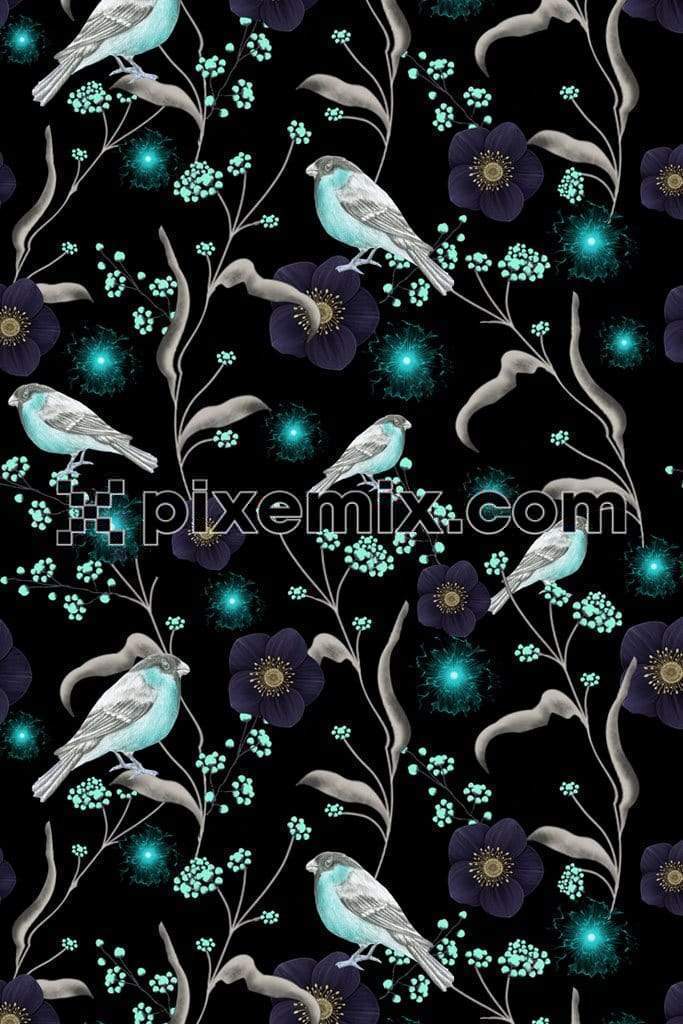 Florals and bird product graphics with seamless repeat pattern