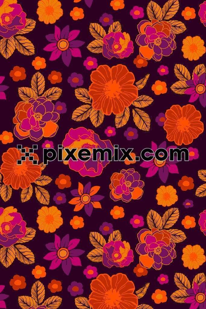 Colorful florals and leaf product graphics with seamless repeat pattern