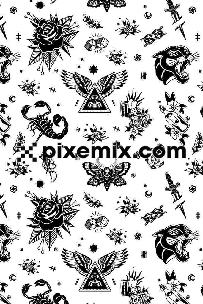 Doodle art inspired tatto icons product graphics with seamless repeat pattern