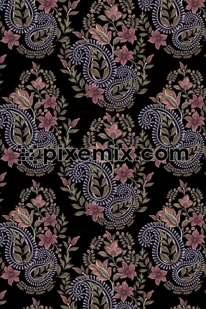 Paisley art inspired florals and leaf product graphic with seamless repeat pattern