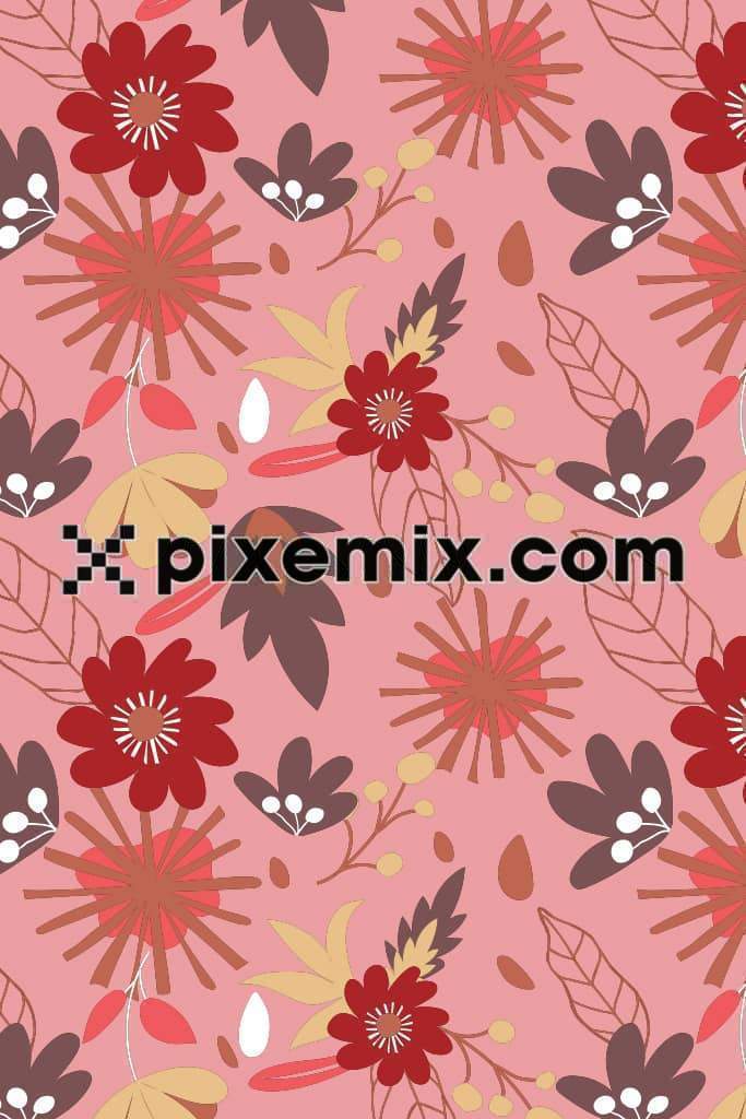 Doodle art inspired leaf and florals product graphic with seamless repeat pattern