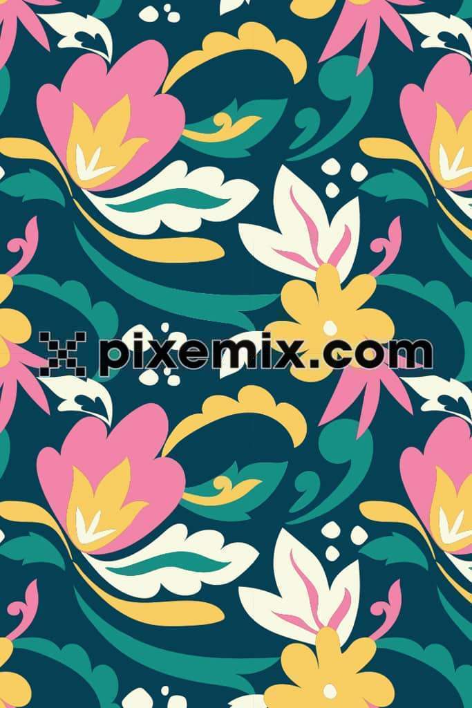 Doodle art inspired leaf and florals product graphic with seamless repeat pattern 