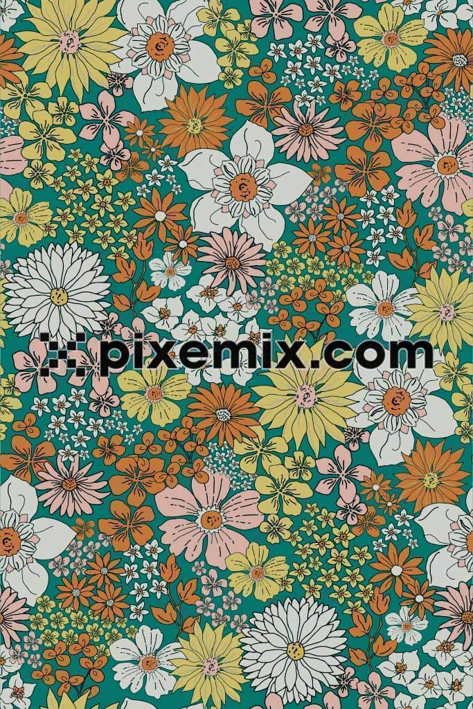 Colorful florals product graphic with seamless repeat pattern