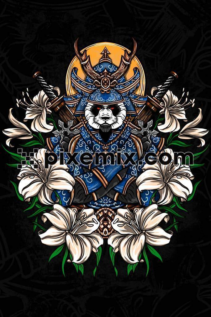 Oriental art inspried panda samurai and floral product graphic