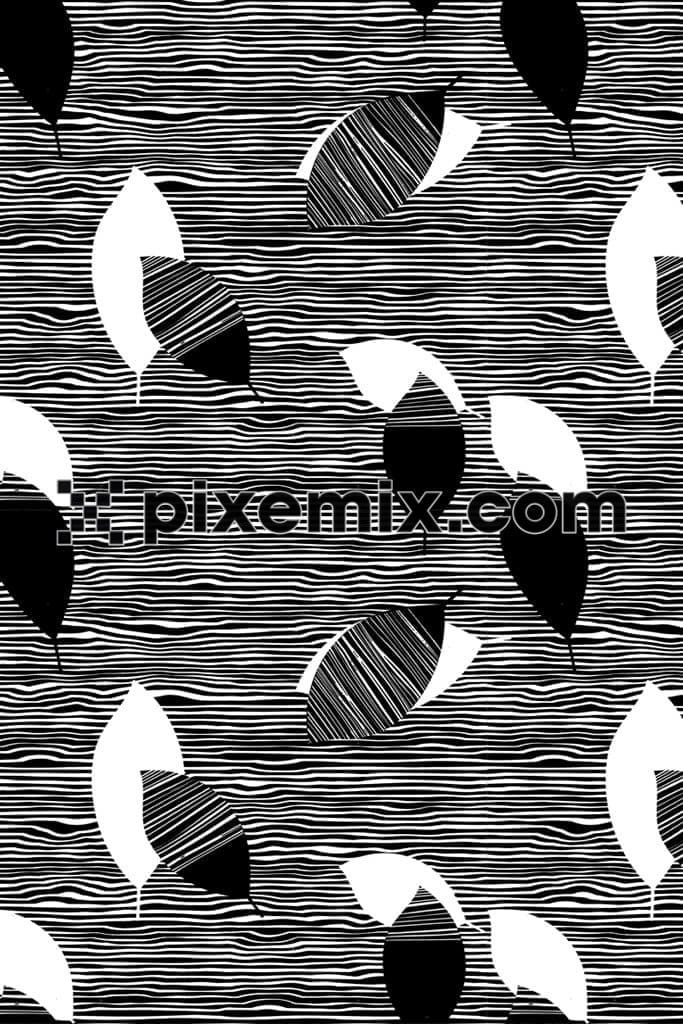 Line art and monochrome leaf product graphic with seamless repeat pattern