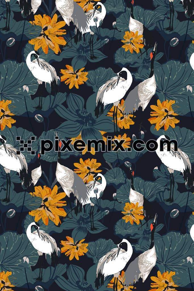 Lotus leafs and cranes product graphic with seamless repeat pattern