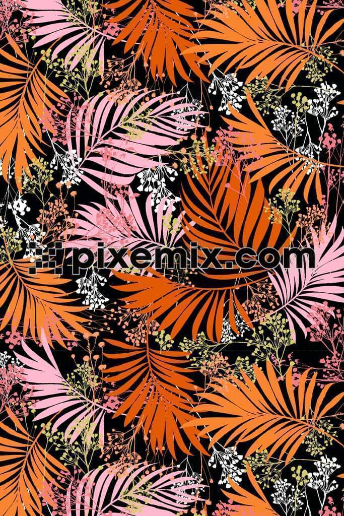 Colorful palm leafs and florals product graphic with seamless repeat pattern