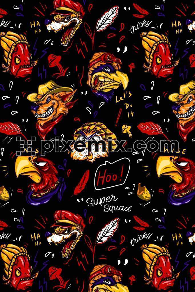 Old school tattoo fox and mushroom product graphic with seamless repeat pattern