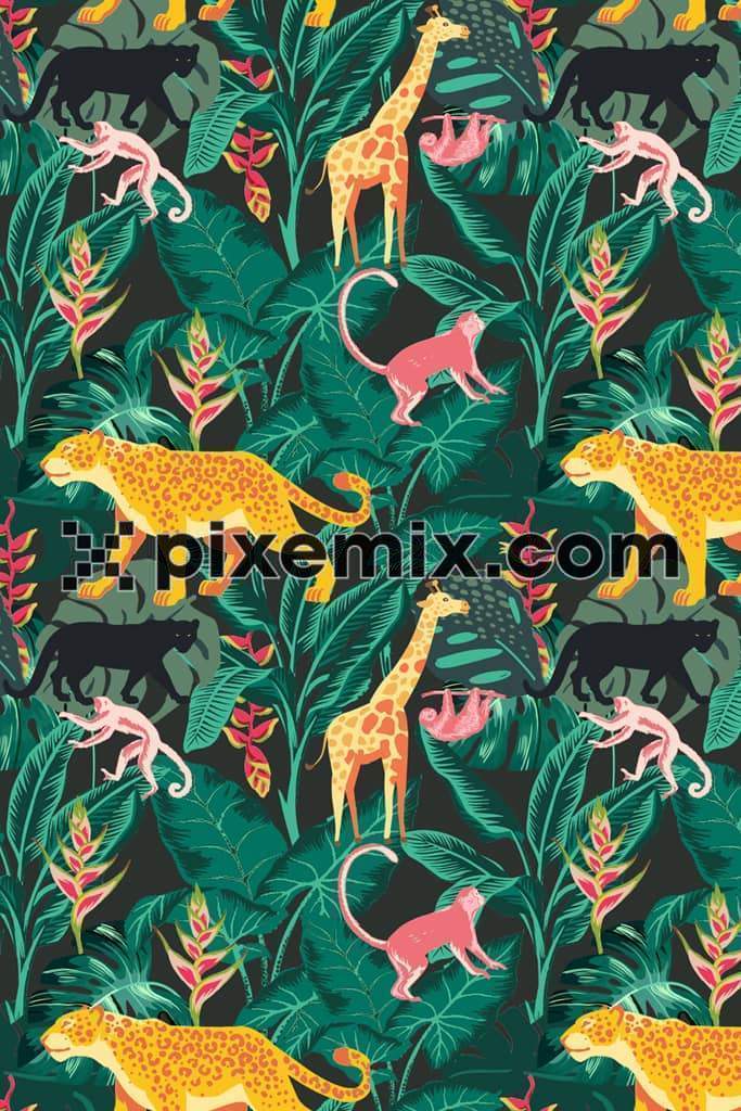 Tropical banana leaf and wild animals product graphic with seamless repeat pattern